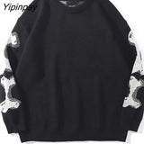 Yipinpay Men Oversized Sweater Black Loose Skeleton Bone Print Women Vintage Retro Knitted Sweater 2023 Autumn Cotton Pullover Unisex 319-1