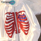 Yipinpay Women's Sweatshirt Skelet Printing Streetwear Oversized Zip Hoodie Long Sleeve Top Harajuku Korean Cardigan Jackets Goth Clothes