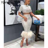 Yipinpay Women Sequins Skirt 2piece Set Female Cropped Slim Blouse Hemline Artificial Feather Bodycon Skirt Suits 2023 Sexy Streetwear 423