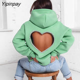 Yipinpay Women Diamonds Splicing Sweet Love Cutout Open Back Long Sleeve Thick Warm Oversized Pullover Hooded Sweatshirt 2023