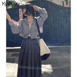 Yipinpay 2023 Summer Long Sleeve Plaid Chiffon Shirt Women Korean style Button Up Ladies Crop Tops Causal Female Clothing Blouse