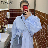 Yipinpay Spring Korea style Oversize Women Tunic Shirt Turn-Down Collar Full Sleeve Solid Long Ladies Shirts Chic Button Female Tops