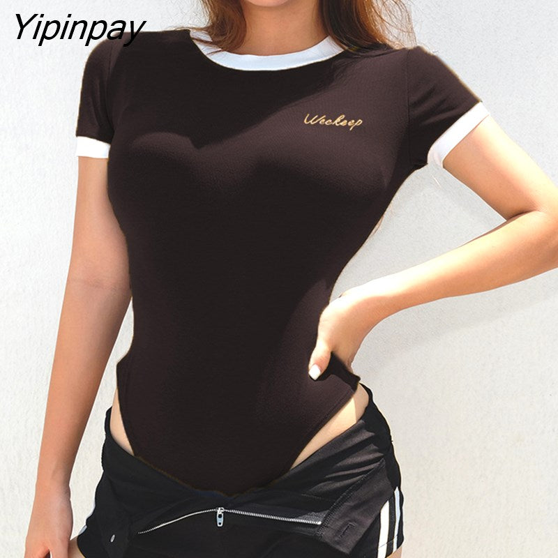 Yipinpay Sumemr Sexy Cotton Short Sleeve Bodysuit Women Letter Embroidery Contrast Color Ladies Rompers Y2K Fashion Female Jumpsuit