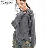 Yipinpay 2023 Winter Streetwear Long Sleeve Sweater Women Metal Buttons Oversize O Neck Ladies Pullover Female Clothing Tops
