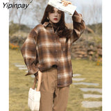 Yipinpay 2023 Winter Vintage Long Sleeve Plaid Women Shirt Korean Style Loose Turn Down Collar Button Up Ladies Tunic Blouse Tops