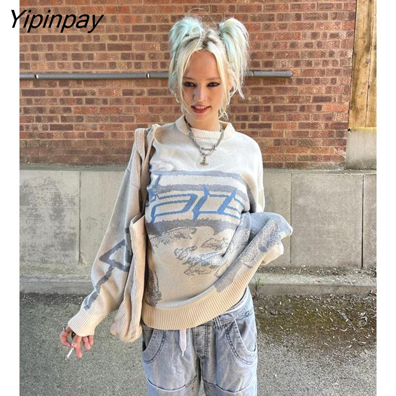 Yipinpay Pullovers Sweaters Creative Stripes Women's Knitted Streetwear Oversized Harajuku O Neck Knitwear Men Clothing