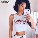 Yipinpay Summer Women Letter Print Casual Tank Tops O-neck Sleeveless Knitted Cropped Top Slim Wild Short Lady Clothing Tops
