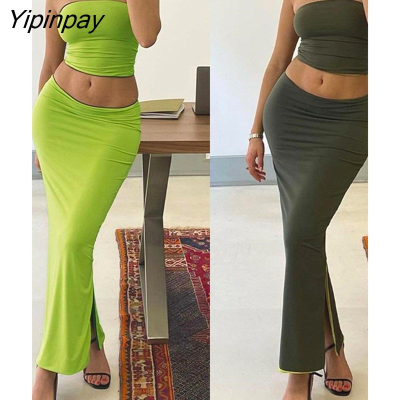 Yipinpay Spliced Tube Top Crop Tops And Bodycon Skirt Suits Women Side Split Dress Set Female Reversible Solid Sleeveless Outfits