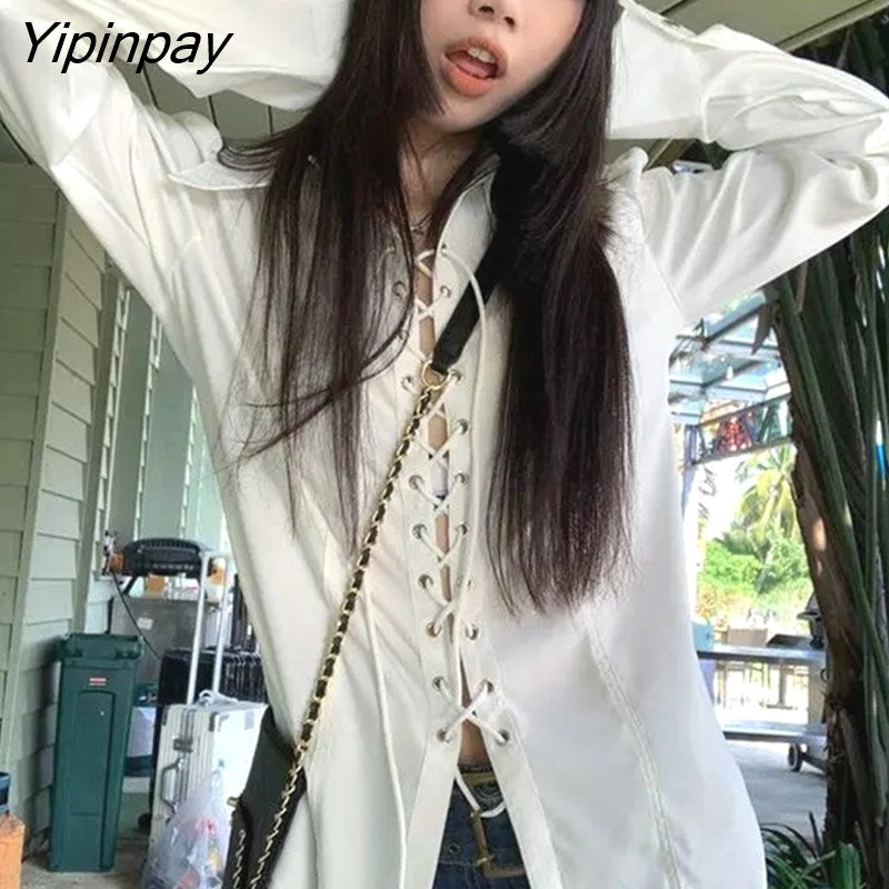 Yipinpay Street Style Long Sleeve White Shirt Women Punk Bandage Hollow Out Za Shirts 2023 Autumn New Female Blouse Tunic Clothing