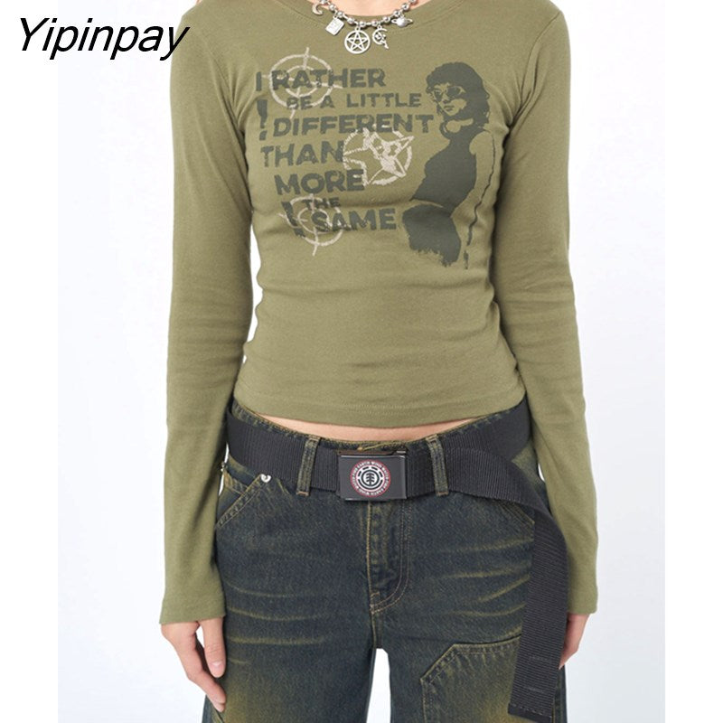 Yipinpay Women T-Shirt Graphic Y2k Long Sleeve Crop Tops Tees Summer Grunge Korean Fashion Streetwear Harajuku Pullover Vintage Clothing