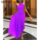 Yipinpay Hollow Out Pleated Dress Women Fashion Sleeveless Diagonal Collar A Line Dresses 2023 Summer Party Prom Evening Vestidos