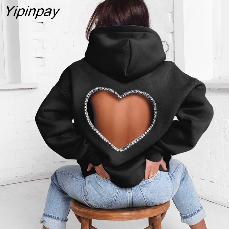 Yipinpay Women Diamonds Splicing Sweet Love Cutout Open Back Long Sleeve Thick Warm Oversized Pullover Hooded Sweatshirt 2023