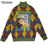 Yipinpay Harajuku Turtleneck Knit Female Pullover Argyle Oversize Warm Women's Sweater 2023 Winter Appliques Loose Thick Sweater