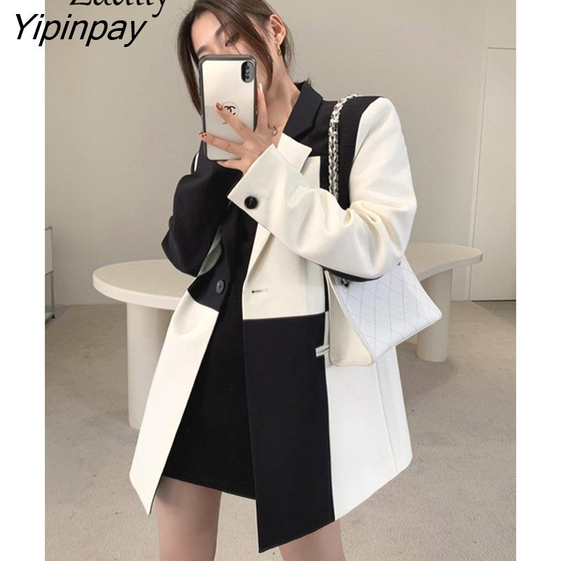 Yipinpay 2023 Autum Oversize Full Sleeve Women Long Blazer Office Lady black white Patchwork Suit Blazer Work Female Clothing Coat