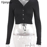 Yipinpay 2023 Autumn Long Sleeve Knit Black Shirt Women Sexy Backless Slim Ladies Crop Tops Korean Style Female Clothing Blouse