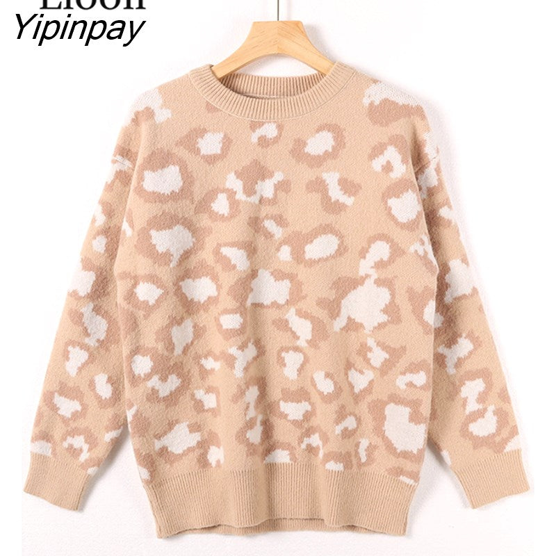 Yipinpay Leopard Print Knit Sweater Female Jumpers Warm Tops Pull Femme Streetwear Blue Khaki Knitted Sweaters For Women Pullovers