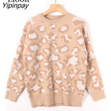 Yipinpay Leopard Print Knit Sweater Female Jumpers Warm Tops Pull Femme Streetwear Blue Khaki Knitted Sweaters For Women Pullovers