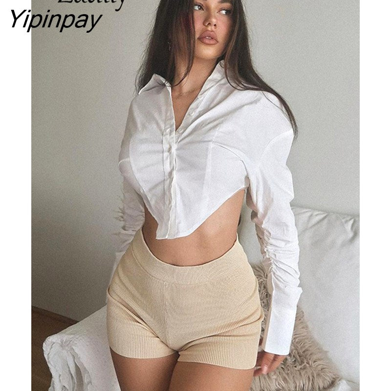 Yipinpay Spring New In Sexy Long Sleeve White Shirt Women Y2K Button Up Crop Tops Woman Blouse 2023 Party Female Clothing