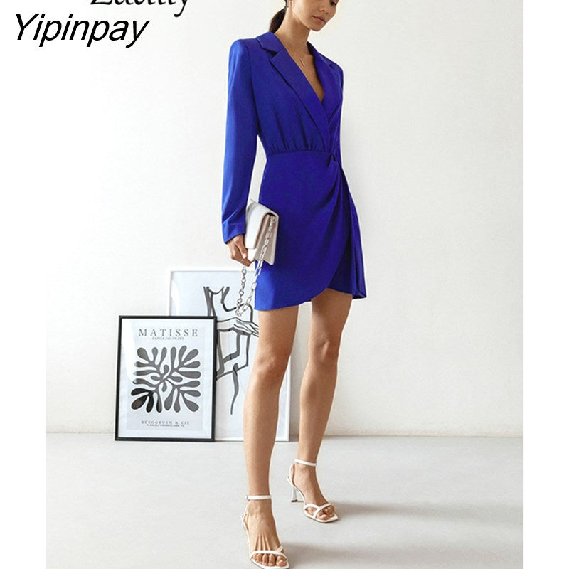 Yipinpay 2023 Spring New Office Lady Long Sleeve Women A-Line Dress French Style Solid Slim Waist Folds Notched Neck Woman Dresses
