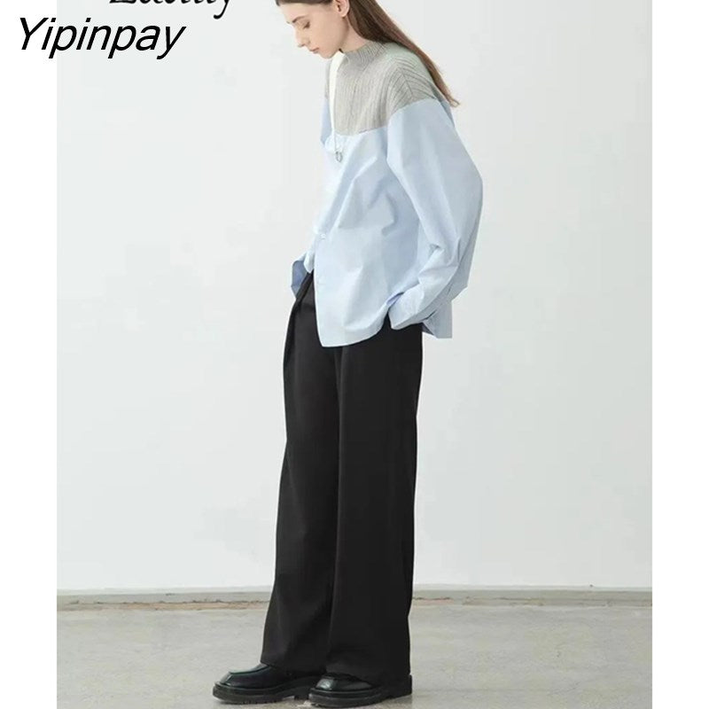 Yipinpay Winter Office Lady Long Sleeve Patchwork Knit Women Shirt Loose O Neck Work Blouse Tops 2023 New In Work Female Clothing