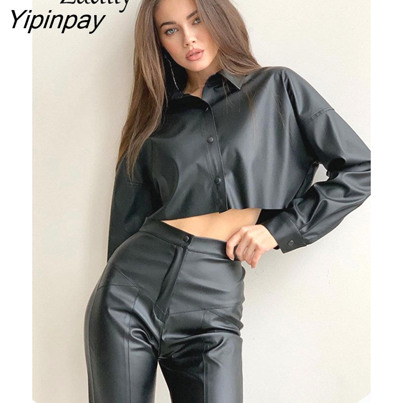 Yipinpay 2023 Spring New In Streetwear Long Sleeve Black Pu Shirt Women Sexy Button Up Woman Crop Tops Blouse Female Clothing