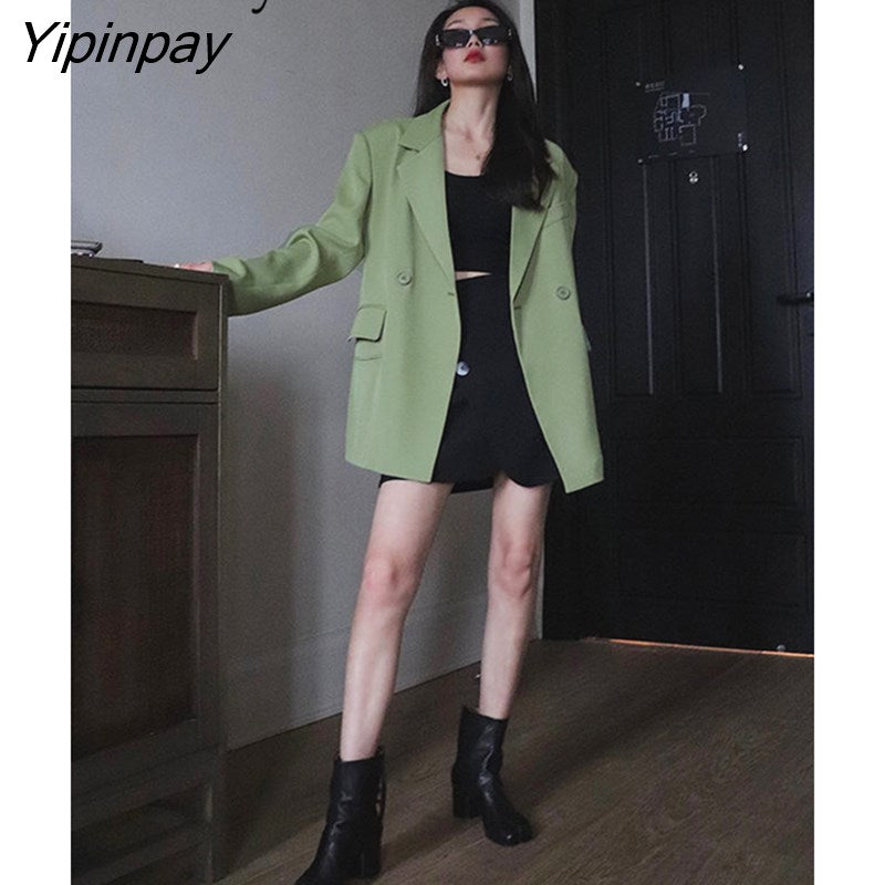 Yipinpay 2023 Autum Oversize Long Sleeve Green Women Blazer Office Lady Solid Work Suit Blazers Work Female Clothing Jackets Coat