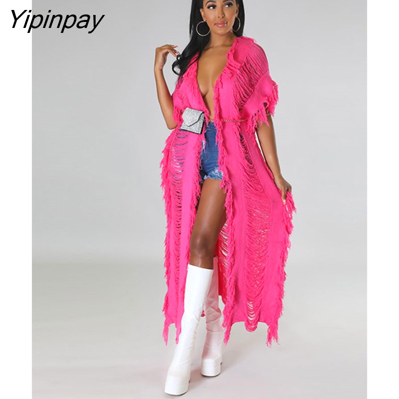 Yipinpay Women's Elegant knitted Ribbed Short Sleeve Tassel Maxi Long Cardigan Sweater 2023 Fashion chic Hole Capes Ponchos Outcoat
