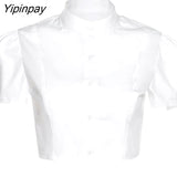 Yipinpay Sexy White Shirt Women Stand Neck Button Short Sleeve Slim Crop Blouse 2023 Summer New Party Y2k Female Clothing Tops