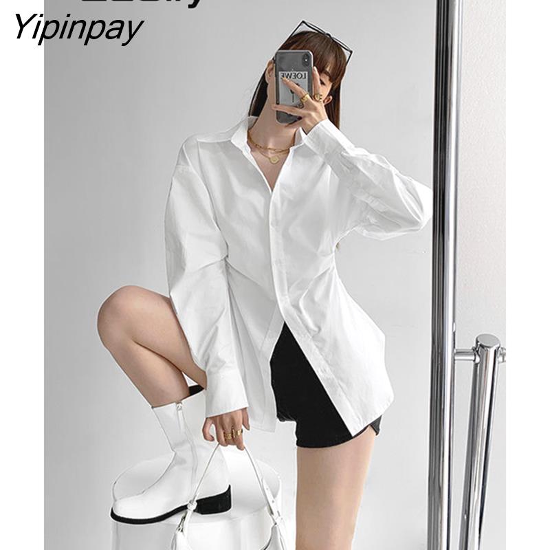 Yipinpay Street Style Long Sleeve Slim Waist White Shirt Women Button Up Za Shirts 2023 Summer New Fashion Tunic Blouse Clohting