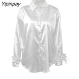 Yipinpay 2023 Spring Women New In Elegant Long Sleeve Spliced Feathers Solid Ladies Top Silk Satin Blouse Shirt For Woman Clothing