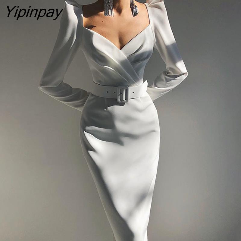 Yipinpay Spring Full Sleeve V Neck Women Long Dress Elegant Sashes Solid Elasticity Cotton Sexy Dresses Empire Party Evening Dress