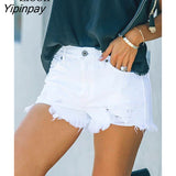 Yipinpay Tassel Ripped Skinny Jean Shorts Women High Waist Summer 2023 Streetwear With Pockets Black White Stretch Hole Denim Shorts