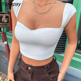 Yipinpay Knit Corset Top Short T Shirts For Women 2023 New In Knitwears Summer Black White Tees Square Neck Sexy Bodycon Crop Tops