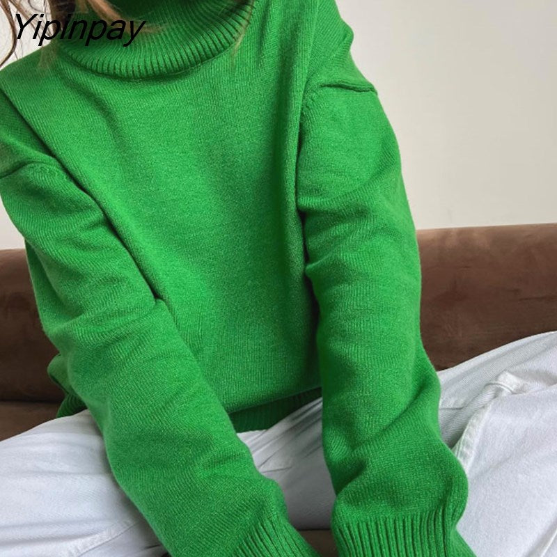 Yipinpay Turtleneck Sweater Women Long Sleeve Knit Loose Pullover Tops Female Jumper 2023 Autumn Winter Warm Knitted Sweaters