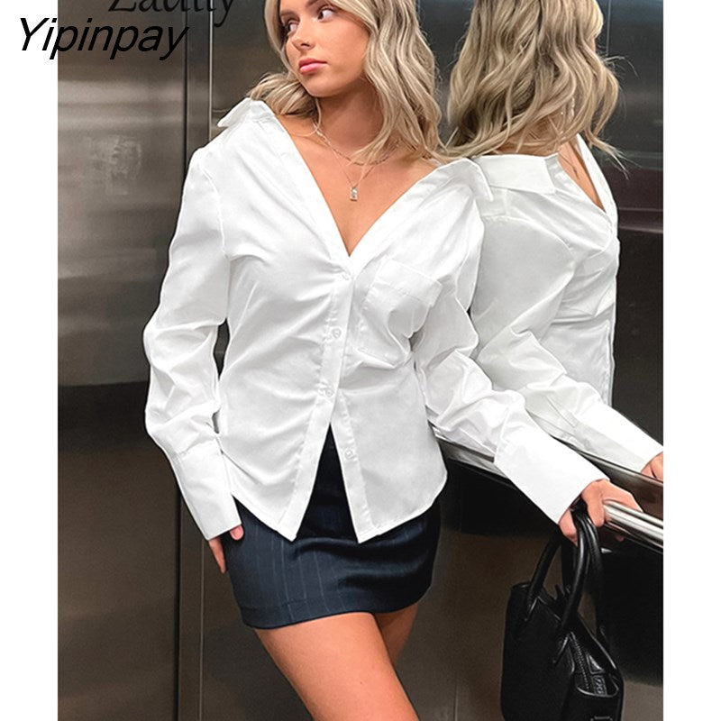 Yipinpay 2023 Minimalist Spring Long Sleeve Sexy Women White Shirt Korea Style Button Slim Woman Tunic Blouse Party Clothing Tops