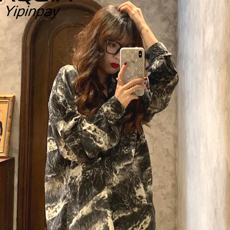 Yipinpay Spring Streetwear Marble Printing Women Blouse Shirt Loose Button Up Long Women Shirts Y2K Fashion Oversize Female Clothing
