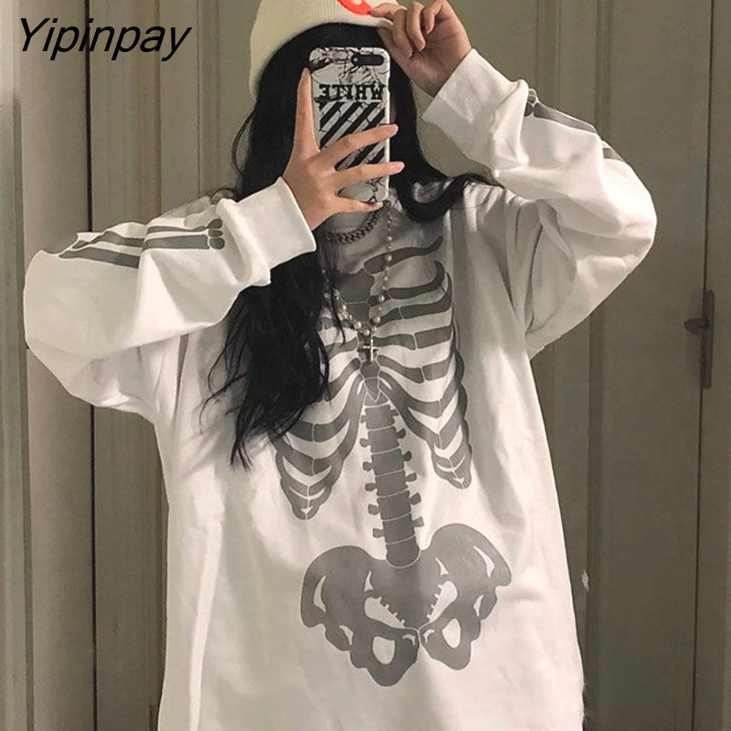 Yipinpay new skull print street hip-hop couple long-sleeved T-shirt graphic t shirts harajuku y2k tops women shirts clothes