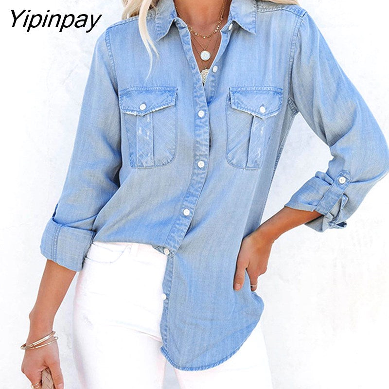 Yipinpay Sexy Denim Blouses Women Top With Pockets Streetwear Long Sleeve Sleeve Turndown Button Up Tops And Blouses Jean Shirts