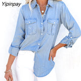 Yipinpay Sexy Denim Blouses Women Top With Pockets Streetwear Long Sleeve Sleeve Turndown Button Up Tops And Blouses Jean Shirts