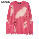 Yipinpay 2023 Winter Streetwear Frayed Tie Dye Sweater Women Long Sleeve Korean Style O Neck Loose Knit Pullovers Female Clothing