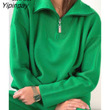 Yipinpay Baggy Sweater Women Pullover Zip Up Tops Female Jumpers Streetwear Long Sleeve Turndown Collar Autumn Winter Loose Sweaters
