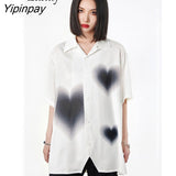 Yipinpay 2023 Summer Y2K Short Sleeve Women White Shirt Korea Style Button Heart Print Oversize Woman Blouse Female Clothing Top