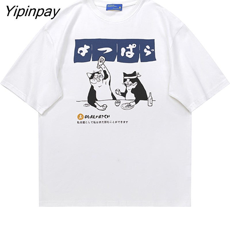 Yipinpay Men Tshirt Oversized Drinking Cat Anime Cotton Print Streetwear Graphic Short Sleeve Korean Fashion Top Harajuku Summer Clothing