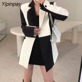 Yipinpay 2023 Autum Oversize Full Sleeve Women Long Blazer Office Lady black white Patchwork Suit Blazer Work Female Clothing Coat