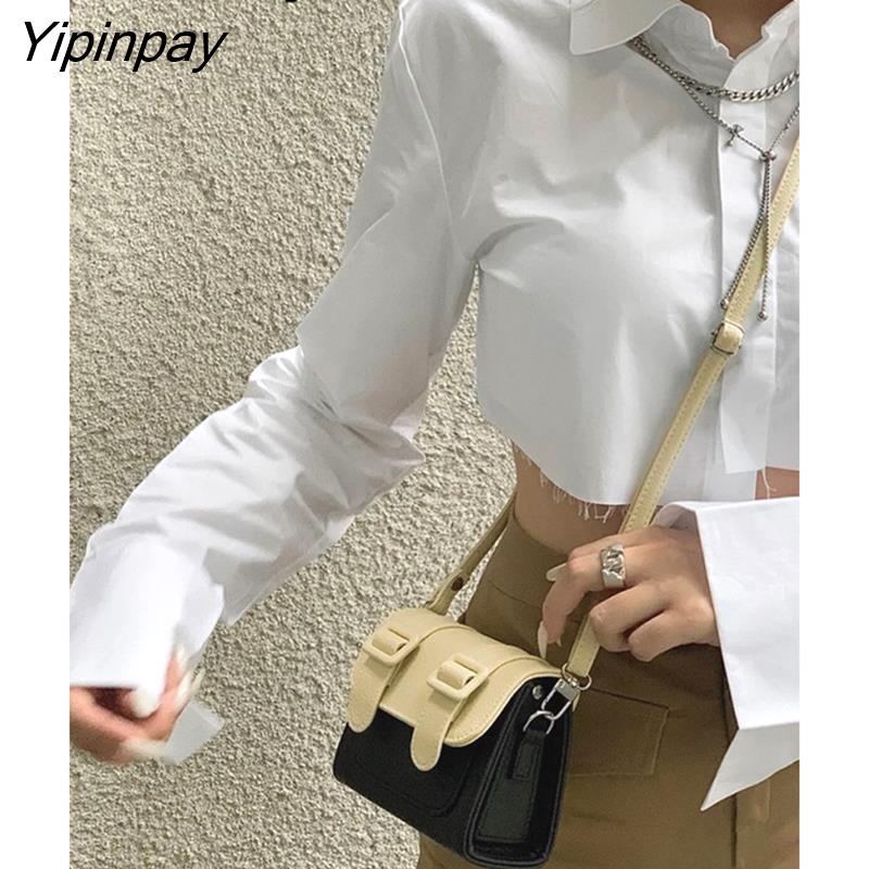 Yipinpay 2023 Summer Y2K Asymmetrical Long Sleeve White Shirt Women Sexy Button Slim Crop Tops Blouse Streetwear Female Clothing