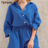 Yipinpay Two Piece Shirt Set Women Loose Blouses Cardigan Tops And Shorts High Waist 2023 Spring Summer Baggy Shirts Outfits Sets