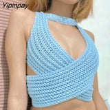 Yipinpay Sexy Bandage Knit Camis Women Short Corset Top Summer Backless Beach Tank Streetwear Drawstring Knitting Basic Crop Tops
