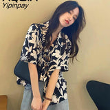 Yipinpay Floral Printing Button Up Women Shirt Oversize Short Sleeve Office Lady Womens Blouse 2023 Summer Loose Female Shirts