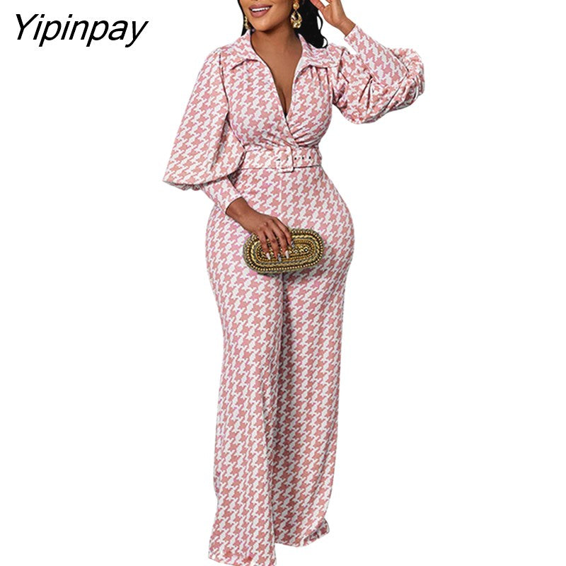Yipinpay Women Fashion Print Lantern Sleeve Shirt Wide Leg Trouser Suits Elegant Slim Top High Waist Pants Set 2023 Summer Casual Outfits