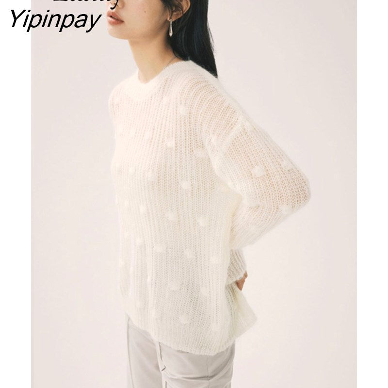 Yipinpay 2023 Winter Korean style Long Sleeve Loose White Sweater Women Minimalist Style Hollow Out Ladies Pullover Female Tops